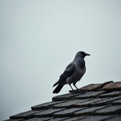 Naklejka premium Single jackdaw bird sits on a tiled roof with gray sky. The bird has dark grey plumage and a black beak. It looks to the side observing its surroundings.