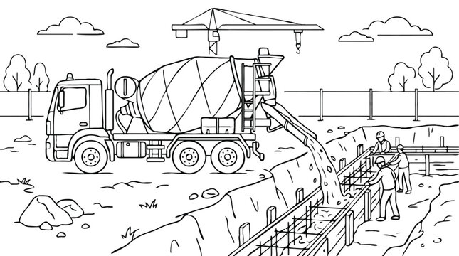 Concrete Mixer Truck Pouring Cement at Construction Site Coloring Page for Kids, Professional Building Illustration with Workers and Crane Line Art