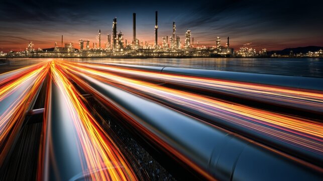 Sunset splendor: steel and oil under the evening sky. Digital networking. Vast networks of steel under a glorious sunset in the oil industry. Network communication. Communication lines.