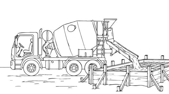 Cement Mixer Truck Pouring Concrete into Foundation Coloring Page for Kids - Construction Site Line Art Illustration