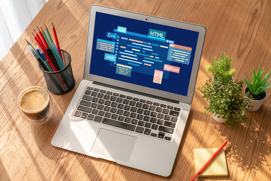 Software development or programming work with coding screen of various programming languages like HTML, , , and C brisk for new application development