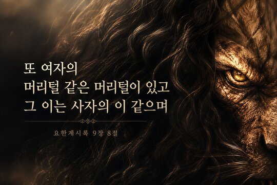 Apocalyptic Revelation Prophecy featuring a Monstrous Locust with Fangs and Tresses, presented as a Korean Biblical Scripture Poster.
