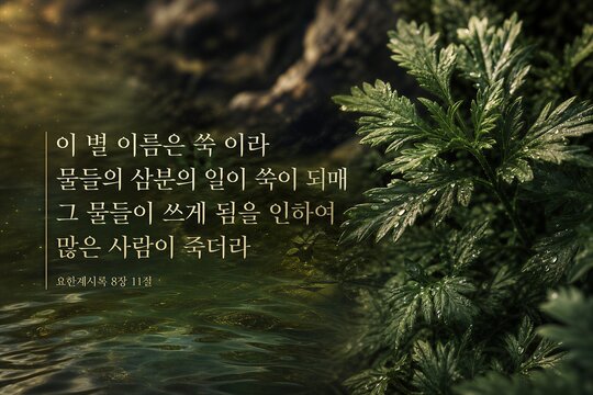 Apocalyptic Revelation Prophecy depicting the Falling Wormwood Star making Bitter Water, causing Death, presented as a Korean Scripture Poster.