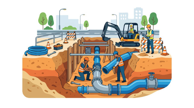 Construction Workers Repairing Underground Utility Water Pipes in City Trench Vector Illustration