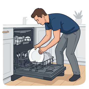 Man loading plates into kitchen dishwasher, daily household task