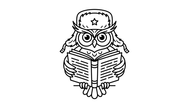 Cute cartoon owl wearing ushanka hat reading an open book, line art illustration