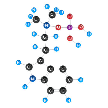 Psilocybin molecule model. 3D rendering