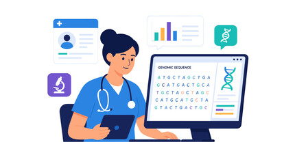 Fototapeta premium Female Doctor At Computer Consulting Patient Data.