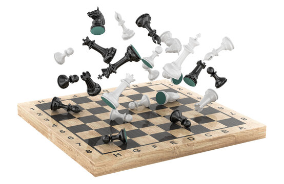 Chess pieces flying over board. 3D rendering