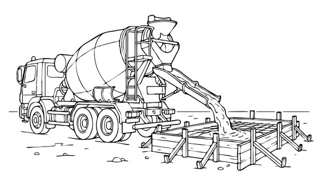 Concrete Mixer Truck Pouring Cement for Building Foundation - Line Art Illustration Coloring Page for Kids