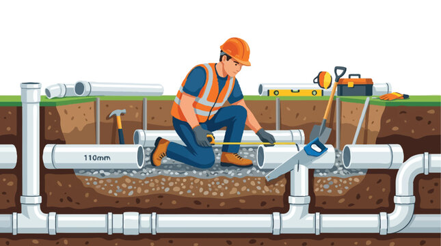 Professional Worker Installing Underground PVC Drainage System in a Construction Trench Illustration