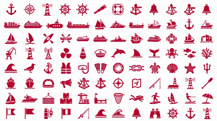 Collection of Flat Crimson Vector Icons for Marine and Nautical Themes, Including Ships, Anchors, Lighthouses, and Marine Life © Rengga Entertainment