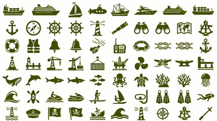 Nautical Icons Set: Ships, Anchors, Lighthouses, Marine Life, and Sailing Gear in Flat Olive Green Vector Graphics © Rengga Entertainment