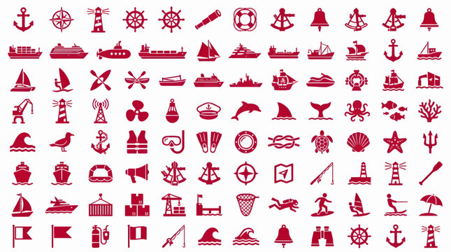 Collection of Flat Crimson Vector Icons for Marine and Nautical Themes, Including Ships, Anchors, Lighthouses, and Marine Life