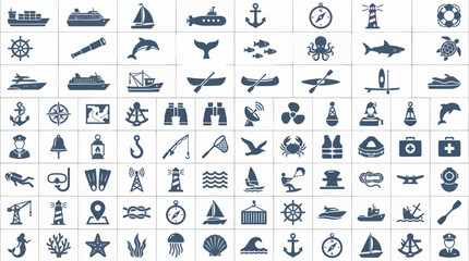 Collection of Flat Ash Blue Nautical and Marine Icons Set, Vector Graphics Featuring Ships, Sea Creatures, Navigation Tools, and Water Sports Equipment © Fatan Sukarna