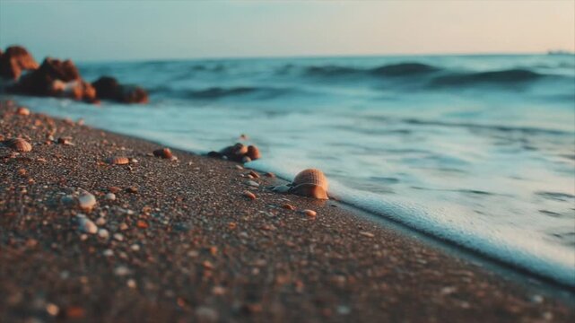 Beach scene with waves crashing on a shore scattered with shells and pebbles. Calm water at the edge