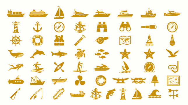 Golden Nautical and Marine Vector Icons Collection: Ships, Sea Animals, Navigation Tools, and Water Sports Elements on White Background, Flat Design
