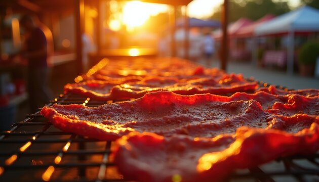 Beef jerky strips dry on racks at a street market during a warm summer sunset. Meat snacks ready for sale. Outdoor food preparation scene. Close up texture shot.