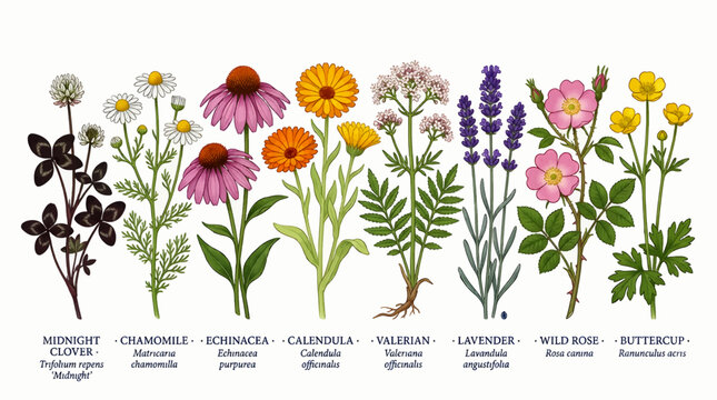 Collection of Medicinal Wild Flowers and Herbs, Including Echinacea, Lavender, Calendula, Chamomile, Wild Rose, and Buttercup, Illustrated in Flat Style