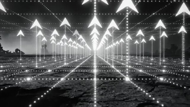 Futuristic abstract black and white landscape with glowing arrows indicating movement and direction towards infinity