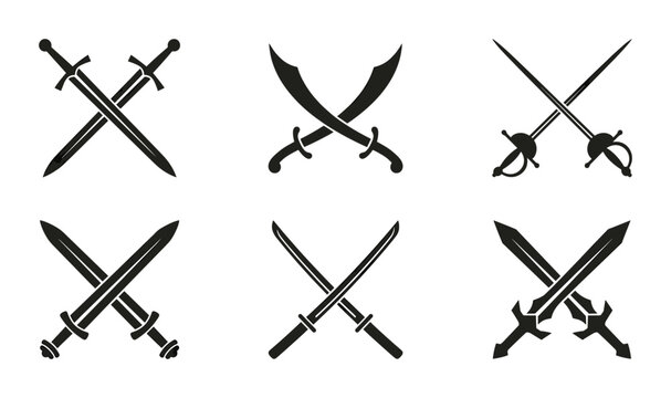 Crossed Swords Vector Icons Set: Medieval, Samurai, Saber, Rapier, Broadsword Symbols for Combat, History, Gaming