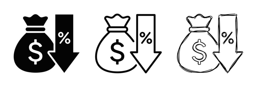 Money Bag with Downward Arrow and Percentage Sign Icons, Financial Decrease Symbols, Set of 3 Styles