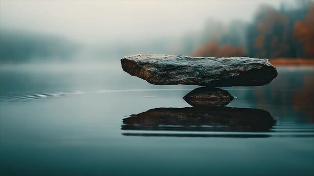 Two dark stones balanced over serene water, the top one is a bit larger