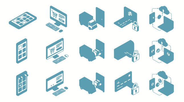 E-commerce and Digital Security Icons: Online Shopping, Delivery, Payment, Cloud Data