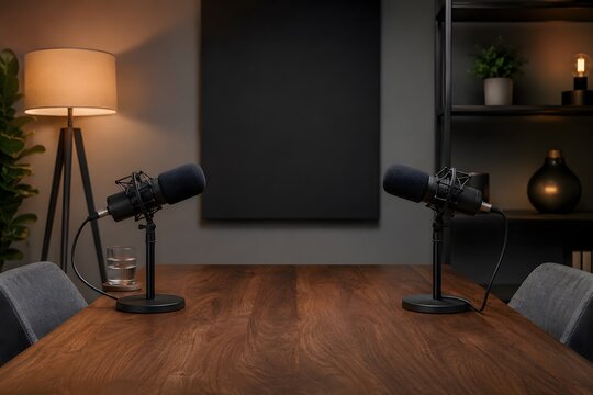 Two podcast microphones facing each other on wooden interview table in dark studio
