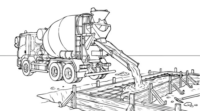 Concrete Mixer Truck Pouring Cement Foundation Line Art Illustration, Heavy Machinery Construction Site Coloring Page