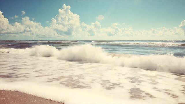 A sunlit beach scene with gentle waves rolling onto the shore, under a cloudy blue sky