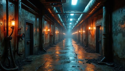 Fototapeta premium Dark industrial hallway with pipes and grunge walls. Dim orange lights illuminate wet floor reflecting neon blue and yellow. Doors line the corridor, leading into unknown depths.