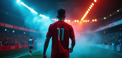 Fototapeta premium Soccer player in red jersey walks through smoky stadium tunnel under dramatic blue, red lights towards field. Fans watch from stands as athlete begins game journey. Intense atmosphere before match