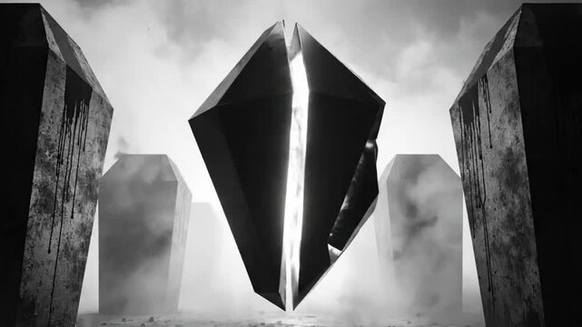 Black and white abstract animation of geometric crystal object fracturing and reassembling against weathered monoliths in a mystical landscape