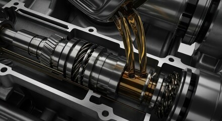 Fototapeta premium Close-up of engine oil flowing over intricate mechanical components of a complex machine.