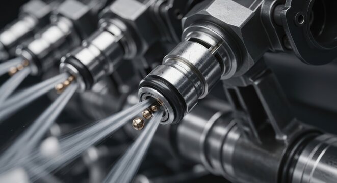 Close-up of Fuel Injectors Spraying Fuel in a Row.