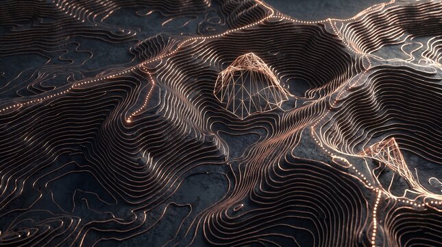 Glowing copper topographic map with wireframe mountain peaks