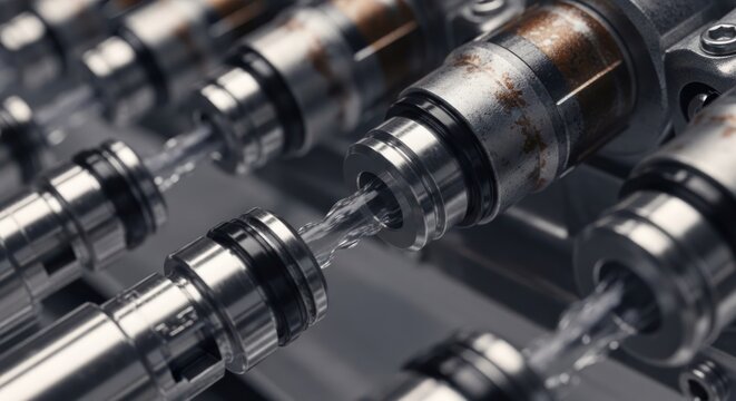 Close-up of industrial fuel injectors in a mechanical assembly line.