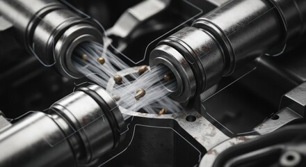 Fototapeta premium Close-up of industrial machinery with metal rollers processing fibers.