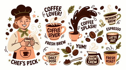 Slats personalizados para cozinha com sua foto Whimsical Cartoon Style Coffee Illustrations with Chef, Cups, Beans, and Text Phrases