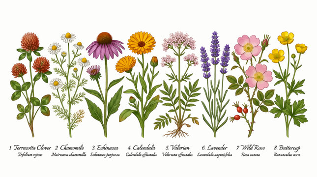 Collection of Medicinal Wild Flowers Vector Illustration: Clover, Chamomile, Echinacea, Calendula, Valerian, Lavender, Wild Rose, Buttercup
