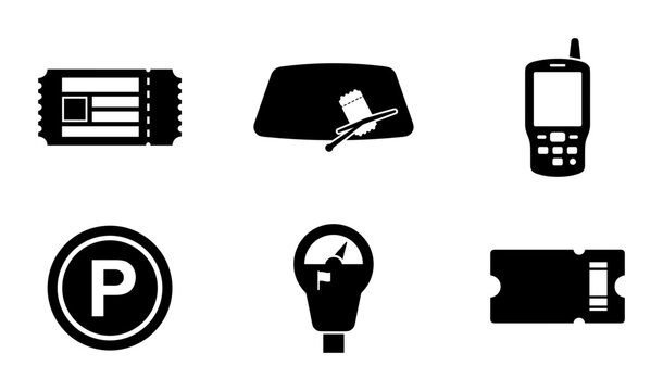 Parking Meter, Ticket, and Mobile Phone Icons: Transportation and Service Symbols Set