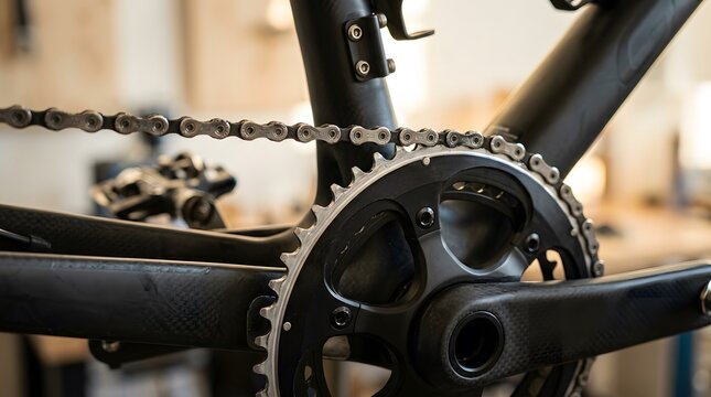 Detailed view of a bicycle chain and front crankset drivetrain mechanism