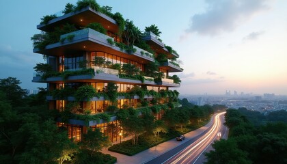 Obraz premium Modern apartment building with abundant greenery. Rich plants cover balconies and terraces. Cityscape visible in background at dusk. Road with car light trails runs beside.