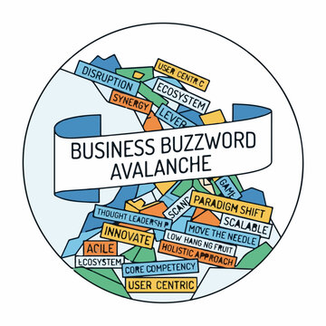 Business buzzword avalanche illustration featuring a circular composition of corporate jargon terms on colorful rectangular blocks and a central banner