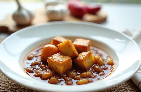 Indonesian semur tahu telur puyuh dish with cubes of tofu and quail eggs in savory sweet sauce. Rich brown gravy coats tender ingredients, plated in white bowl.