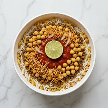 Traditional Egyptian Koshari Top View with Chickpeas Crispy Vermicelli Tomato Sauce and Fresh Lime