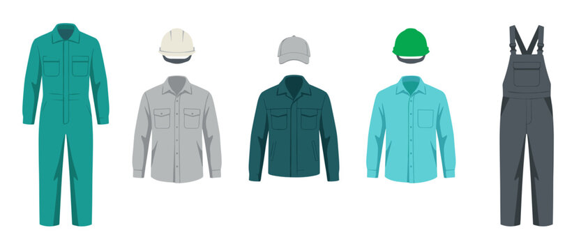 Teal and grey workwear set. Protective uniform clothes with transparent background. Jacket, helmet, and coveralls. Comfortable plumber clothing. Professional workman outfit. Vector garment set