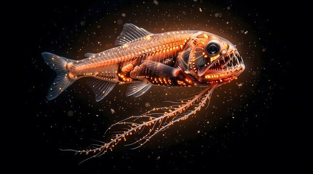 Glowing bioluminescent deep sea fish skeleton anatomy translucent over dark background