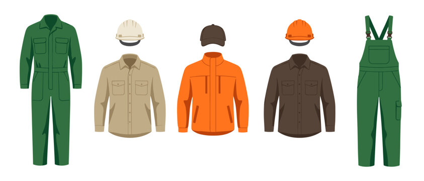Green and orange workwear garments. Protective uniform set on transparent background. Overall, jacket, and helmet. Contractor clothing. Professional workman outfit. Vector flat design